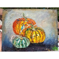 A funny family of pumpkins Abstract-impressionist painting Decorative painting, in oil on cardboard, 100% original unprinted, handmade, according to your own idea. The textured painting, made with the paint knife.Materials used, cardboard, oil, solvent, paint knife.Freshly made in September 2022. These three funny pumpkins will make a great decoration item for your home or a gift for your friends and family. However, I invite you to discover other examples of gourd paintings in the same style in my shop.Please note that the colors in the image may vary depending on your monitor settings. The size of the painting is 18x24 cm // 7.1x9.4 inches, without framing. The examples of frames and all the decor in the pictures are for advertising purposes only and are not included in the order. Delive