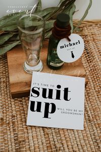 "This DIY PRINTABLE suit up groomsmen card template features bold statement fonts and a modern minimalist design. Use this template to edit the fonts, font color, and background color to match your event needs. Add a special message to the back or leave it blank for a handwritten note. Edit for each bridesmaid, download, and edit again. This template can be accessed through TEMPLETT.COM; an online editor where you can edit without downloading any additional software or fonts. You will receive an