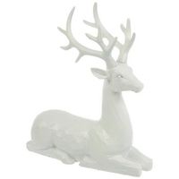 Dimensions: 10.38" H x 9.25" W x 3.25" D Material: Resin Color: White Glitter Quantity: 1 Create a woodland scene on your coffee table with this Wood Look Sitting Reindeer! This elegant resin piece features a deer with wood-carved detailing and broad antlers. Its brilliant colored body is accented with a dazzling finish that is sure to catch your eye. Pair this piece with other forest creatures for a sweet display!