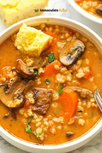 Beef Barley Soup – beefy soup loaded with tender chunky beef, plump pearl barley and vegetables. So belly-warming, filling and scrumptious for a soup. A complete meal in a bowl! Beef recipes, meat, dinner ideas at immaculatebites.