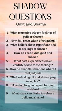 Explore shadow work questions to heal from guilt and shame, fostering self-acceptance. Reflect on past experiences, beliefs that trigger guilt, and how shame impacts your self-image. Empower yourself to practice self-compassion, forgive yourself, and let go of emotional burdens. Discover resilience in overcoming negative self-judgment and embrace a path of healing and self-love. Cultivate a sense of inner peace and acceptance that honors your journey towards emotional freedom. 🌿✨