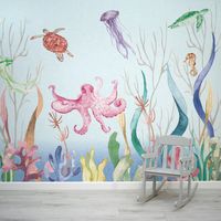 Dive into the enchanting depths of imagination with our "Marine Marvels" wallpaper, a whimsical tapestry of vibrant sea creatures designed to transform any child's room into an underwater wonderland. This lively wall mural features a playful octopus, graceful turtles, and ethereal jellyfish, all rendered in a palette of dazzling colours that capture the magic of the ocean. The intricately detailed illustrations create a sense of movement and joy, inviting your little one to embark on an imaginar