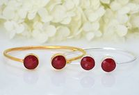 Adjustable natural Ruby bezel bangle  -  two faceted gemstones, Gold or silver expandable bracelet - July Birthstone