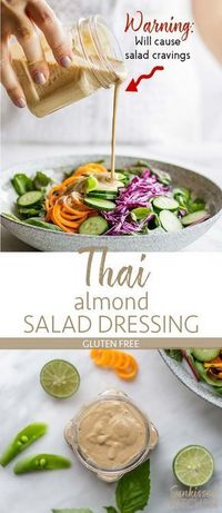 Spicy Thai Almond Salad Dressing / This healthy salad dressing is like peanut sauce with almond butter - a healthy, creamy dressing that will pack flavor into your salads! | SUNKISSEDKITCHEN.COM | #thai #saladdressing #spicy #almondbutter #peanutsauce #peanutallergy #salad #almonds