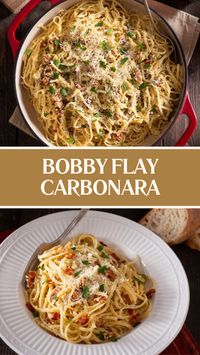 Bobby Flay’s Carbonara is made with guanciale, bacon, canola oil, parsley, salt, egg yolks, Grana Padano, garlic, fettuccine, and Parmigiano Reggiano, creating a creamy pasta that takes 45 minutes to prepare!