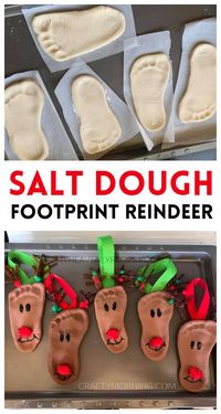 Salt Dough Footprint Reindeer Ornaments- such a cute christmas craft for kids to make! Fun homemade ornaments for gifts for parents or grandparents. DIY project for keepsakes! Recipe for salt dough footprint ornaments.