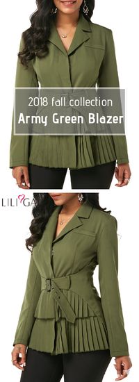 USD42.08   Button Up Notch Collar Army Green Blazer   #liligal   #blazer