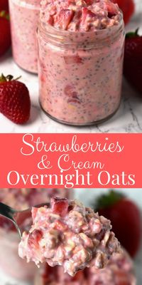 Strawberries and Cream Overnight Oats take just a few minutes to make and are loaded with nutritious ingredients like oats, strawberries, Greek yogurt, chia seeds and milk for a healthy, filling breakfast!