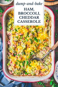 With just 5 minutes of prep, this dump-and-bake ham, broccoli, cheddar, and rice casserole is an easy dinner that cooks in one dish! There’s no need to pre-cook the rice or the veggies -- just stir everything together and pop it in the oven.