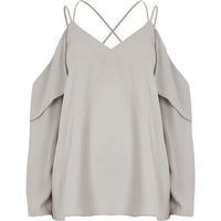 Grey cold shoulder cross back blouse ($44) ❤ liked on Polyvore featuring tops, blouses, frilly blouse, open shoulder tops, cold shoulder tops, crepe blouse and long sleeve ruffle blouse