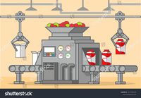 Conveyer belt factory of a box fruit drink.Freshly squeezed apple juice.Food factory machine.Line art flat vector. #Sponsored , #sponsored, #drink#fruit#squeezed#Freshly