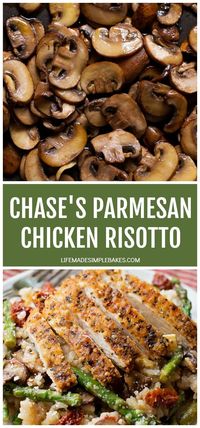 This parmesan chicken risotto is comfort food at its best! It's buttery, flavorful and loaded with chicken and veggies. #chickenrisotto #chicken #risotto #dinner #maindish