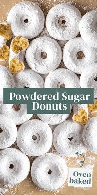 These powdered sugar donuts are a deliciously moist and fluffy treat, perfected with the flavor of vanilla extract, then baked and coated with confectioners' sugar.