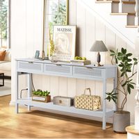 This sleek, clean-lined console table brings modern style and versatility into your home. It's made from engineered wood with a neutral finish of your choice. Its expanded tabletop offers generous storage space, complemented by 3 spacious metal rattan drawers with golden handles, just right for stashing inside keys, files, and various other odds and ends. The straight legs hold a fixed lower open shelf for displaying books, plants, or decor. We love the integrated USB ports and outlets that mini