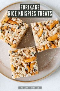 These furikake rice krispies treats are a delicious snack that is both sweet and savory. Furikake is a seaweed-based Japanese condiment, which imparts umami and subtly sweet flavor to this recipe. I also added rice crackers to give the treats a savory and toasted rice flavor.