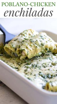 Creamy Poblano Chicken Enchiladas #peppers #poblano #chicken #rotisseriechicken #enchiladas #comfortfood #dinner #recipes #cooking