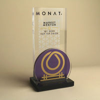 We’re excited to present this sleek clear acrylic piece with vibrant, color-fused branding for Monat. The clean lines and striking colors showcase Monat’s bold branding, making this custom award as memorable as it is eye-catching.