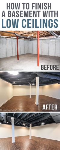 Our basement has super low ceilings (6'-8" in some parts!) so we had to come up with a solution to make it look nice without a finished ceiling. We also had 8 metal poles to work around! Come see how we finished our basement into a beautiful new functional space for our family.