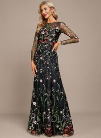 Sheath/Column Boat Neck Illusion Floor-Length Lace Evening Dress (017271470) - JJ's House