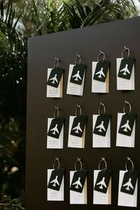 Retro, Luggage-Tag-Themed Escort Cards With Airplane Details in Black and White