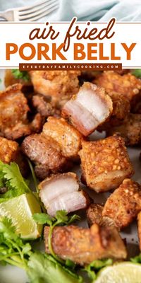 Looking for an easy dinner idea for the family? This Air Fryer Pork Belly is the answer! This easy pork recipe is crispy and juicy. It deserves a spot on your weekly dinner rotation. Pin this simple weeknight dinner idea!