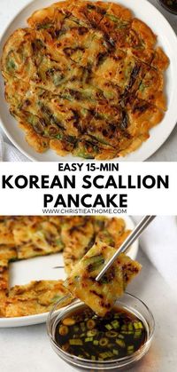 Pajeon. A savory, crispy pancake made of green onions served with a delicious dipping sauce. A simple and easy Korean scallion pancake recipe using minimal ingredients, ready in 15 minutes!