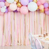 Nothing screams picture perfect more than this show-stopping backdrop! Take all the party pics with this beauty on your memorable day. Perfect for baby showers or any birthday party theme that calls for beautiful pastels! Purchase includes one DIY kit to create the perfect backdrop: ~328 yards of pink, peach, cream, mint and purple crepe paper streamers 10 Gold foiled streamers 75 Pastel and Gold chrome balloons in 5", 12" and 18" 5.5 yards of balloon tape 3.25 yards of clear twine Glue dots PRO