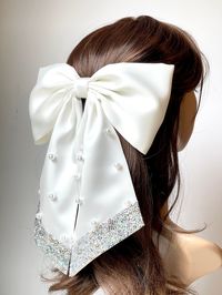 "Material Satin fabric, steel barrette, faux pearl, faux stone Description Bow size: 9\" width, 4.5\" high Tails size: 8.5\" long Barrette size: 3.89\" If you would like to have different size or color please contact me. thank you all my shop items are handmade by me in the USA Current processing time is 1-3 business days before shipping. Please contact me with any requests for specific delivery times. SHIPPING: All US orders are shipped USPS First Class Flat mailer with tracking information. Th