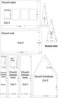 church village illustrations.   These patterns (there is a house on this site, as well) are cut from soft wood, but I think they would work with cardboard.   Very traditional shapes.