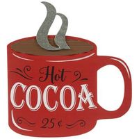 Dimensions: 17" H x 15.5" W x 0.88" D Material: MDF & Metal Shape: Novelty Color: Red, White, Black & Brown Orientation: Vertical Includes: 2 D-Rings Quantity: 1 Create a cafe-style hangout spot in your kitchen by displaying this Hot Cocoa Wood Wall Decor! This MDF piece is shaped like a red mug with the phrase "Hot Cocoa 25¢" written on it. At the top, there is a corrugated brown metal embellishment that resembles hot chocolate with galvanized metal steam rising from it. Hang this piece up and share a cup of hot cocoa with loved ones this chilly holiday season!