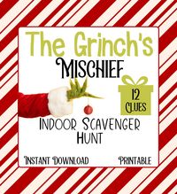 Grinch's Mischief Scavenger Hunt Printable - Christmas Treasure Hunt Bundle 🎄 Welcome to the Grinch's Mischief Scavenger Hunt, a festive Christmas treasure hunt that will fill your home with laughter, excitement, and holiday magic! This printable bundle is perfect for a snow day activity to turn any snowy day into a memorable adventure for your little ones. 🎁 What's Included: 🕵️ 12 beautifully crafted clue cards to challenge and delight. 📍 A detailed clue location guide, ensuring the scavenger hunt is a breeze to set up. 📜 Parent instructions for seamless guidance through the adventure. 💌 A special letter from Santa Claus, setting the stage for the Grinch's mischievous escapade. 🎨 A colorful comic strip to vividly bring the story to life, making the experience even more enchanting.