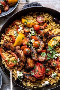 One Skillet Greek Chicken and Orzo with Tomatoes, Feta, and Tzatziki | halfbakedharvest.com