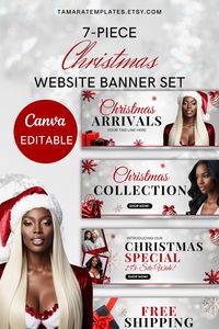 ✨ Give your website a festive upgrade with this 7-piece Christmas-themed website banner set! Perfect for spreading holiday cheer, these editable Christmas banners are designed in Canva for easy customization.

The white and grey bokeh background paired with the red, white and black Christmas graphics is perfect for ecommerce websites. Such as fashion/clothing, hair extensions, wigs and more. 

Whether you're showcasing holiday sales or adding a seasonal touch to your site, this web banner Canva design has you covered. Make your site sparkle this season!

Download and customize with ease using a free Canva account today!