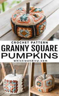 Classic meets modern with these pretty granny square pumpkins. With endless color possibilities and almost as many ways to put them together, you can make a granny square pumpkin collection as unique as you. This pumpkin pattern is versatile so you can try switching up your yarn weight to make big chunky pumpkins! #crochet #moderncrochet #crochetpumpkins #grannysquare #moderngrannysquare #grannysquarepumpkin #fallcrochet #autumcrochet #moderncrochetpattern