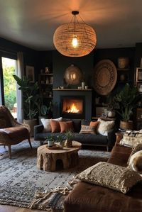 Welcome to a daily dose of interior inspiration! Upgrade your space with stunning dark boho living room decor. Let's transform your home together! Descover more  ...    #Fall #Decor #ad #Inspiration #thanksgiving #Autumn  Boho living room ideas, Bohemian living room decor, Dark boho style, Boho chic interior design, Modern boho living room