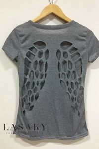 Lasaky - Premium Black Crew Neck T-Shirt with Laser-Cut Hollowed-Out Angel Wing Back Design, Short Sleeves