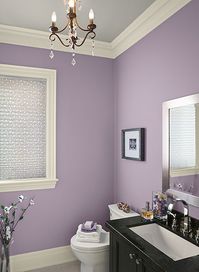 A glamorous purple bathroom with a feminine touch. BM paints walls: central mauve 1412 ceiling: stonington gray HC-170 trim: ivory tusk 2153-70