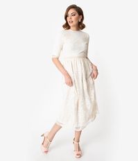 Modest Vintage Ivory Embroidered Lace Tea Length Midi Dress – Unique Vintage