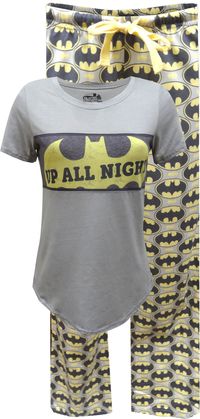 Classic styling! These awesome cotton pajamas for ladies feature DC Comics Bat logo, used for both Batman and Batgirl on a crew style…