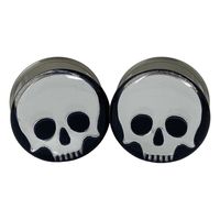 Pair of Chrome Skull Plugs Available in 12mm through 50mm. Double Flared. SOLD IN PAIRS. Quantity 1 = 1 pair.