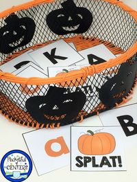 Pumpkin, Fall and Halloween themed letter recognition game for PreK and Kindergarten.