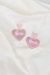 Pink and glitter heart shaped bride earrings with barbie font