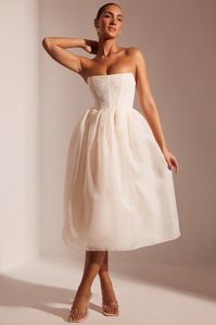 Rosette Embellished Corset Tulle Skirt Midi Dress in Ivory | Oh Polly