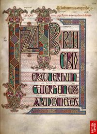 Lindisfarne Gospels. Illuminated gospel written about 700AD by Eadfrith. When copies of similar books ended up in the Vatican the church did not believe they could have been made by uncultured Britons. <:((((><(