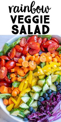 This beautiful Rainbow Veggie Salad is packed with tons of healthy fruits and veggies and is great for a side salad at dinner or you can add some protein to it and make it lunch! Kids also love helping making this salad and might just get them excited about eating it! #rainbowfood #rainbowsalad #priderecipe #dinnersalad #sidesalad