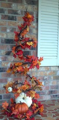 front porch decor for fall pumpkins fall leaves, could use tomato cage for this, definitely doing this