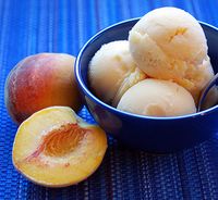 Peach Sorbet using Blendtec: 3 fresh peaches, ripe, halved, pitted 1/2 teaspoon vanilla extract 3/4 cup sugar or other sweetener, to taste 4 cups ice cubes  Blend on ice cream setting