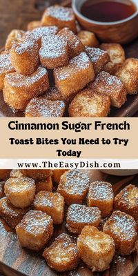 Indulge in a delightful twist on breakfast with Cinnamon Sugar French Toast Bites! These bite-sized morsels combine crispy edges and soft centers, coated in a warm, sweet cinnamon sugar. Perfect for brunch, gatherings, or a cozy morning, they’re easy to make and incredibly tasty. Choose thick-cut bread, fresh eggs, and your favorite milk for the best results. Enjoy with syrup, fresh fruit, or a dollop of whipped cream for the ultimate treat! #FrenchToastBites #BreakfastIdeas #CinnamonS