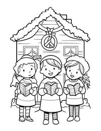 Christmas Carol Singers: Carolers singing festive songs in front of a decorated house. (Free Printable Coloring Page for Kids)