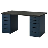 LINNMON / ALEX Table, black-brown, blue, 59x29 1/2". Can be placed anywhere in the room because the back is finished. Drawer stops prevent the drawers from being pulled out too far.